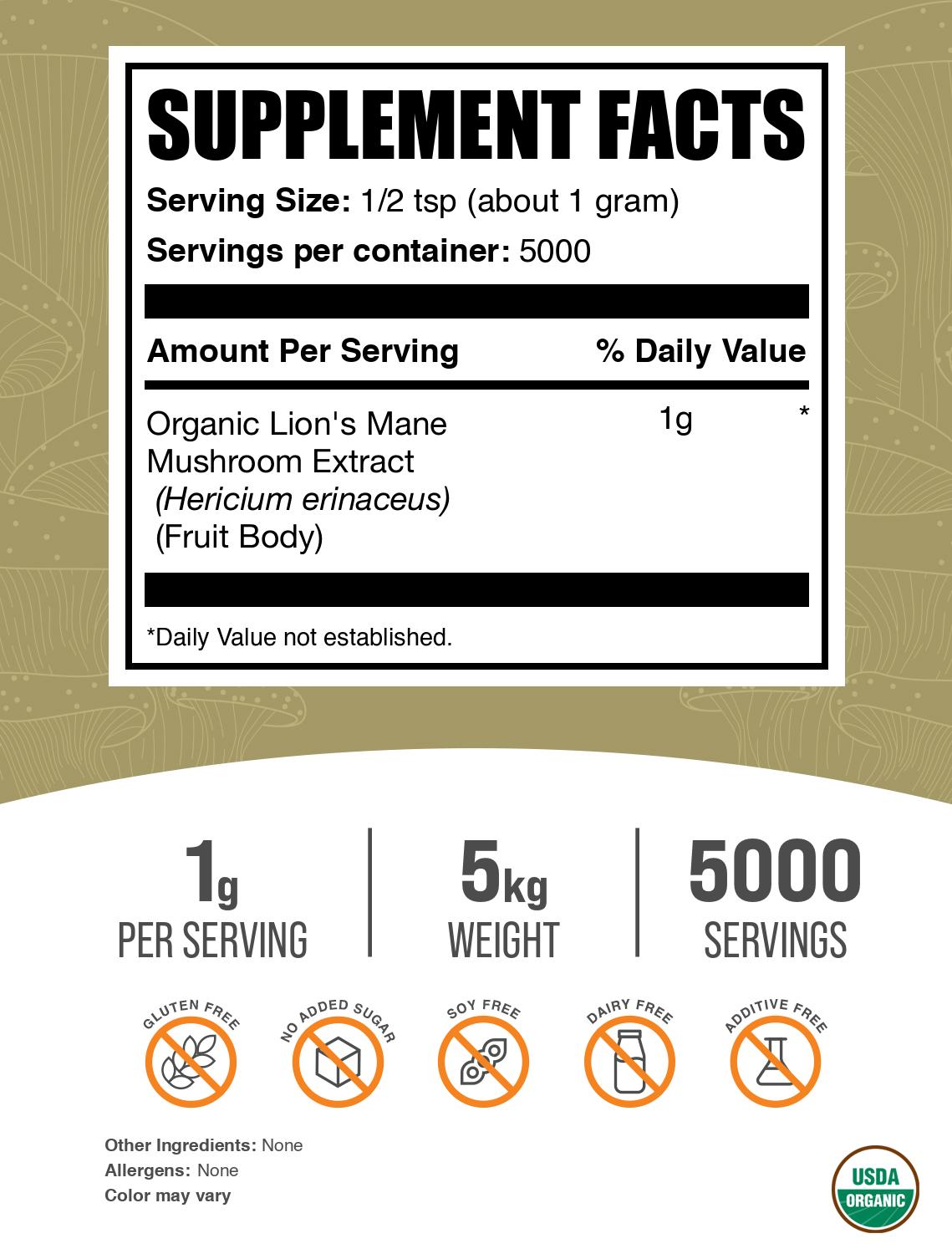 Organic Lions Mane Mushroom Extract Powder 5kg Label