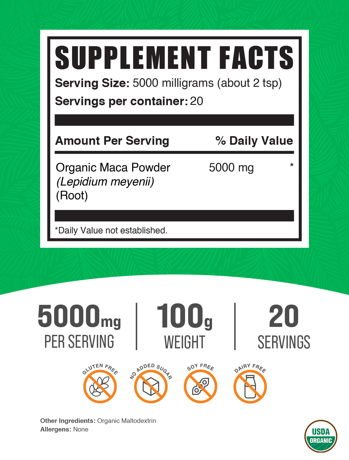 Organic Maca powder label 100g