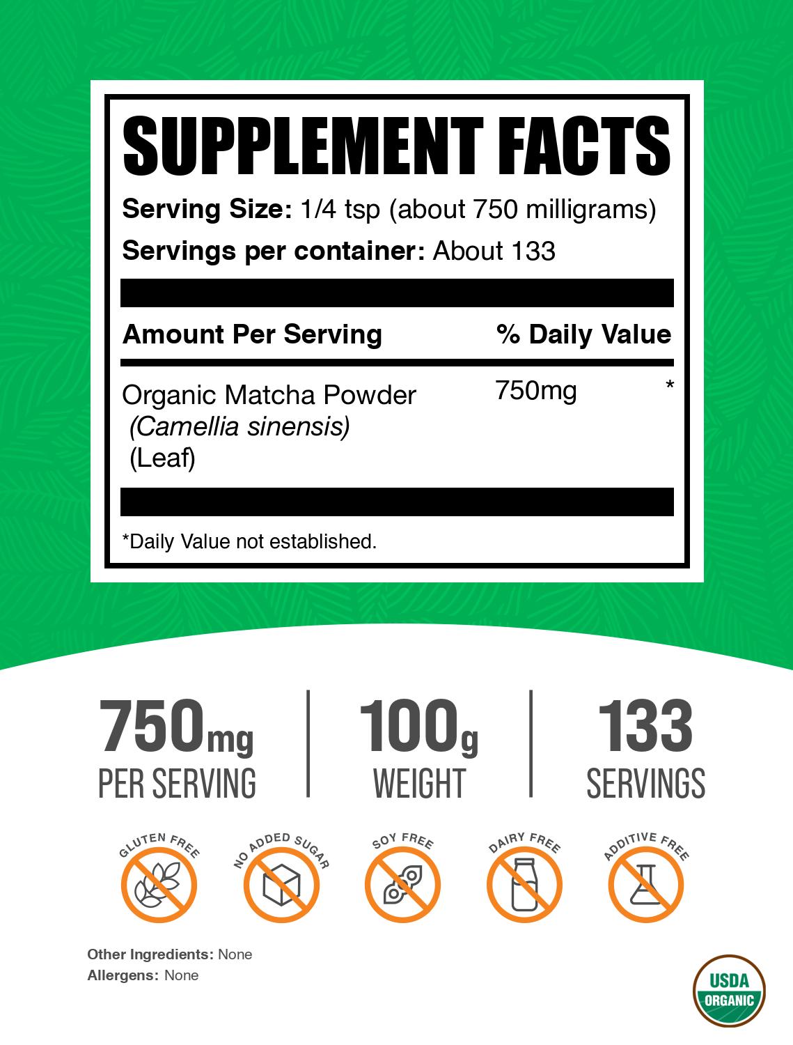 Organic matcha powder label 100g