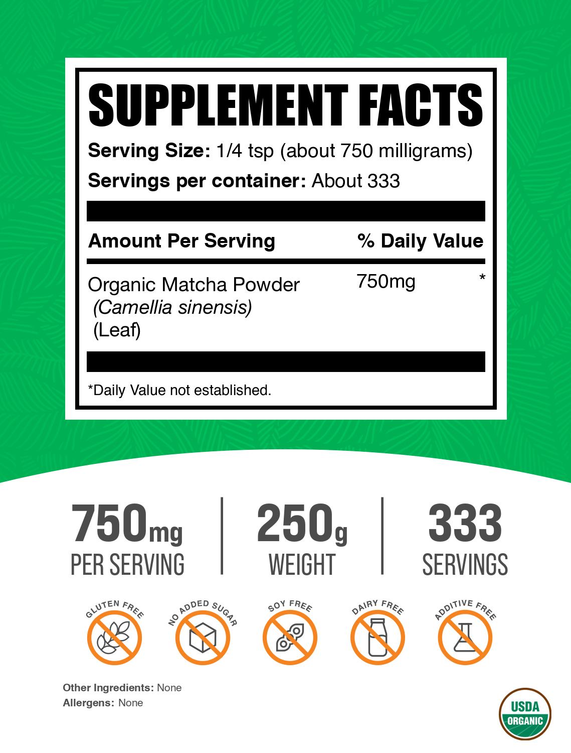 Organic matcha powder label 250g