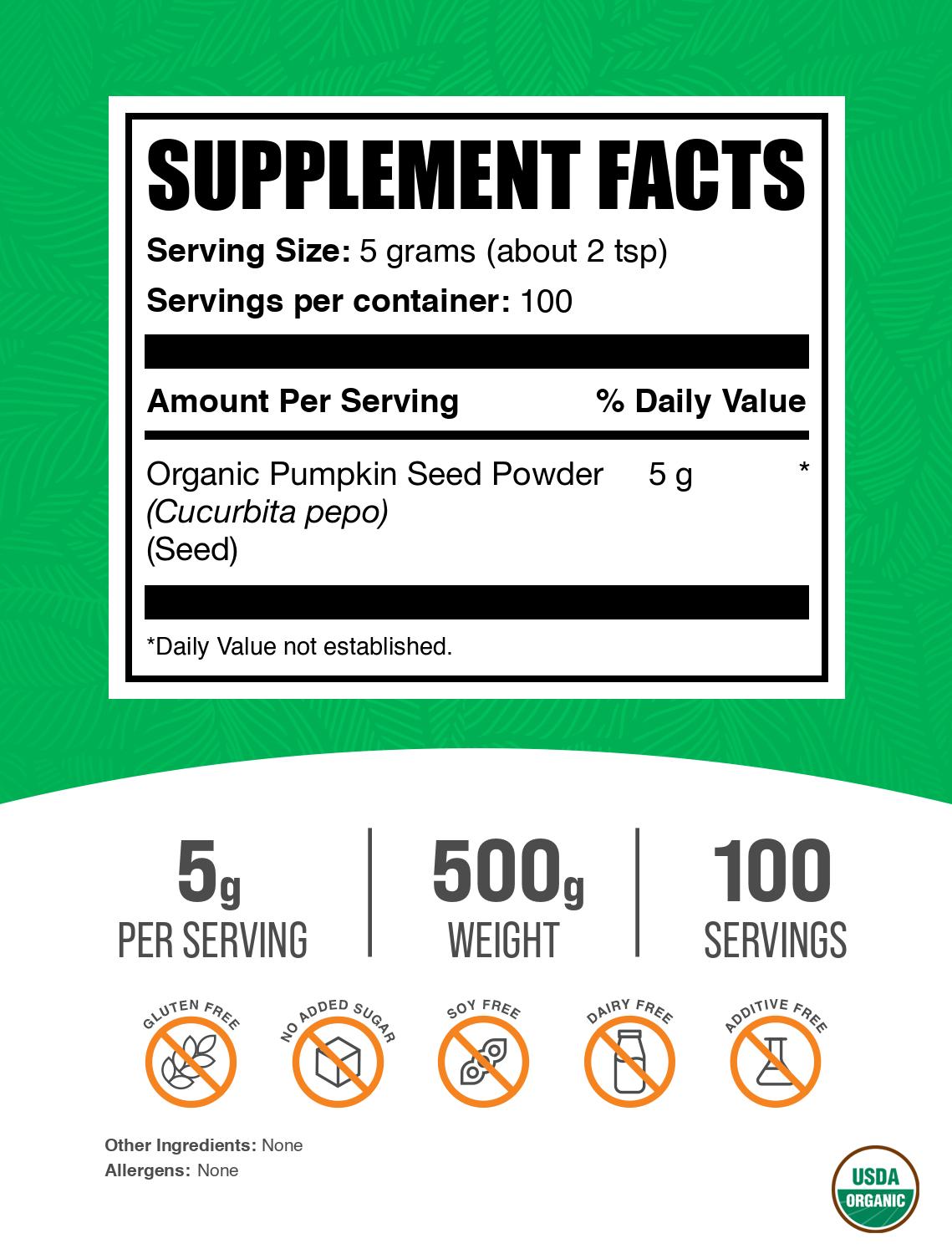 Organic pumpkin seed powder label 500g