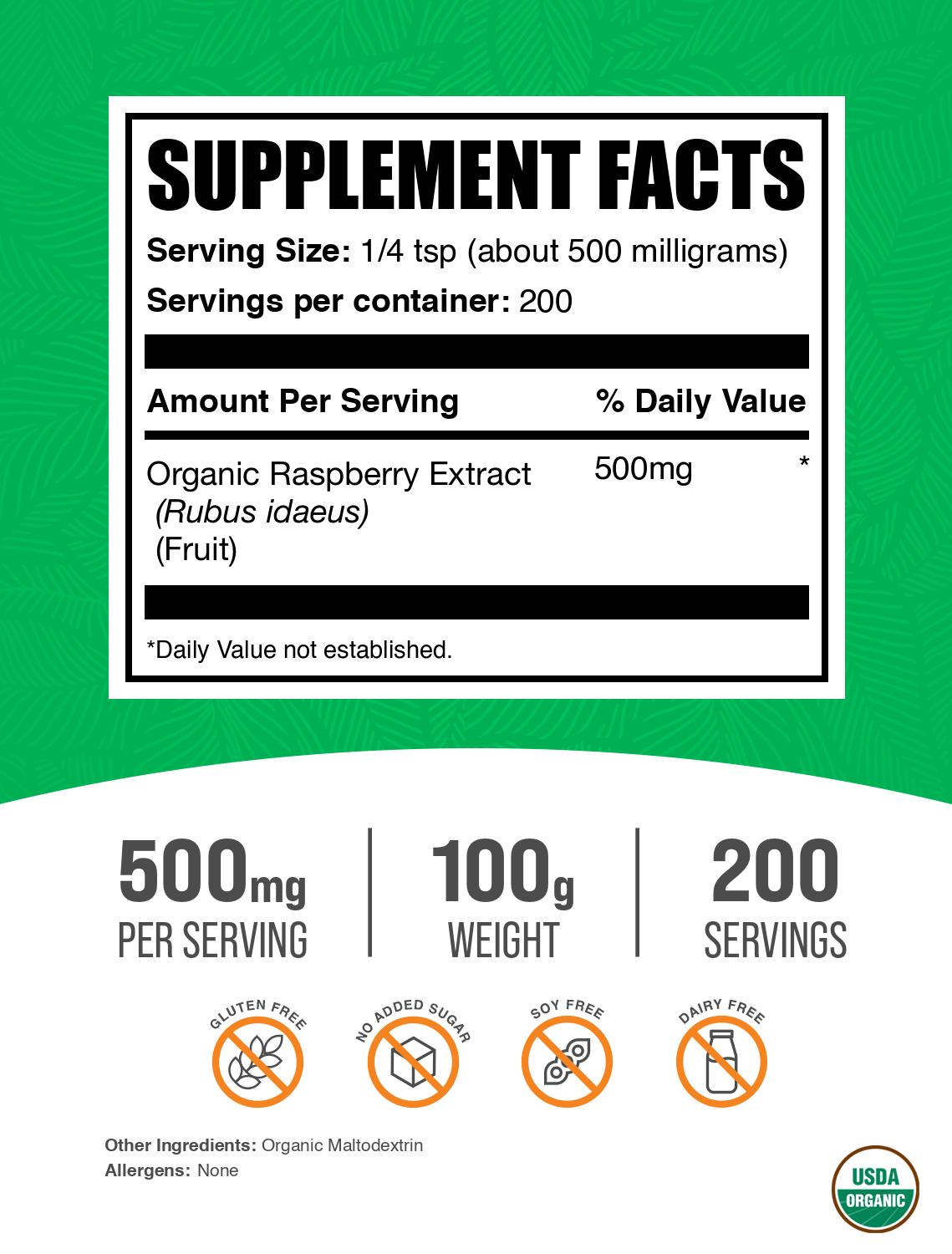 Organic raspberry extract powder label 100g