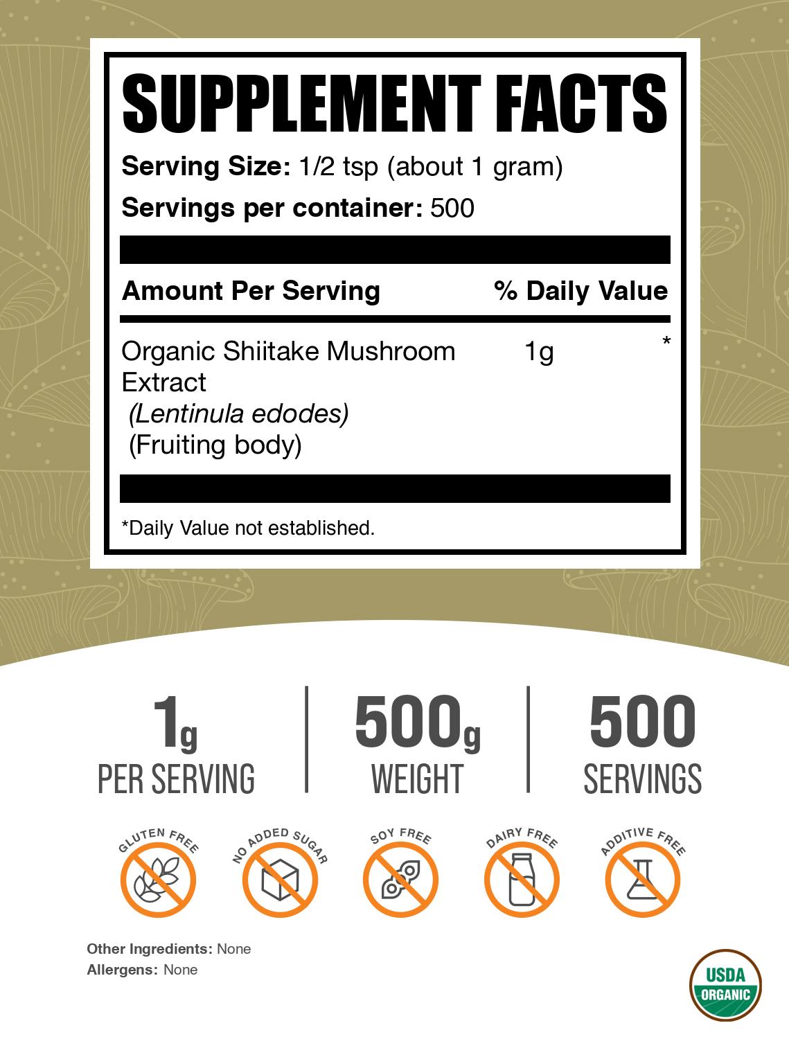 Organic Shiitake Mushroom Extract Powder 500g Label Image