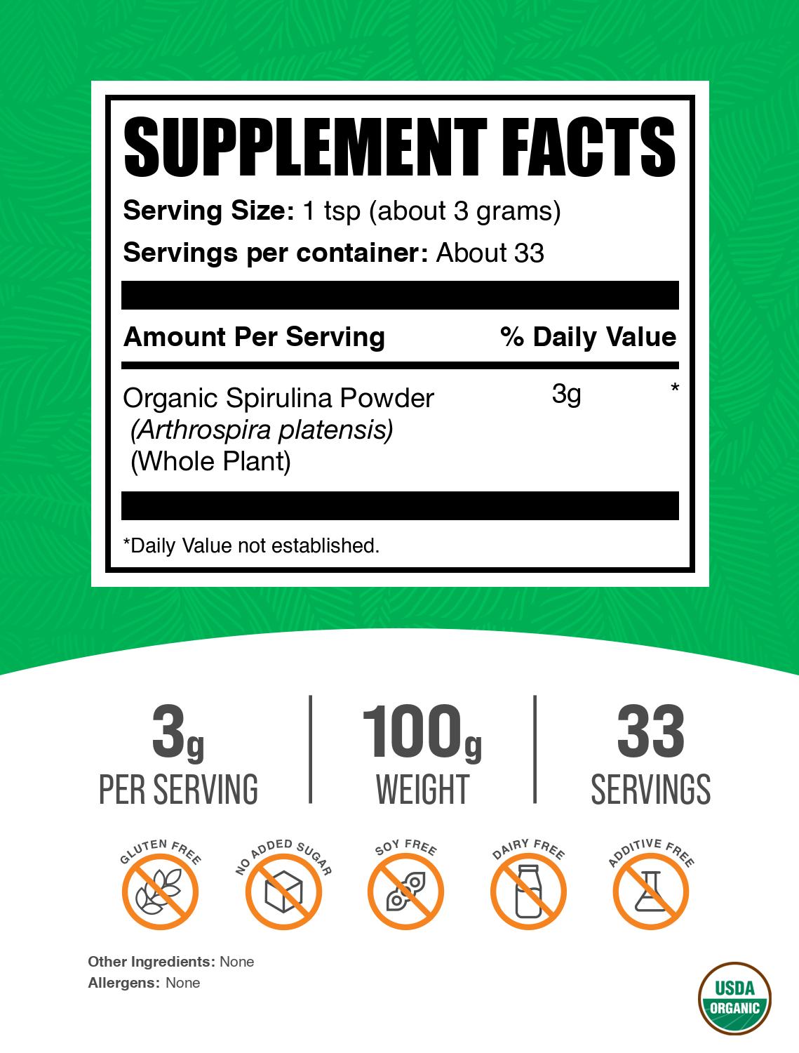 Organic spirulina powder label 100g