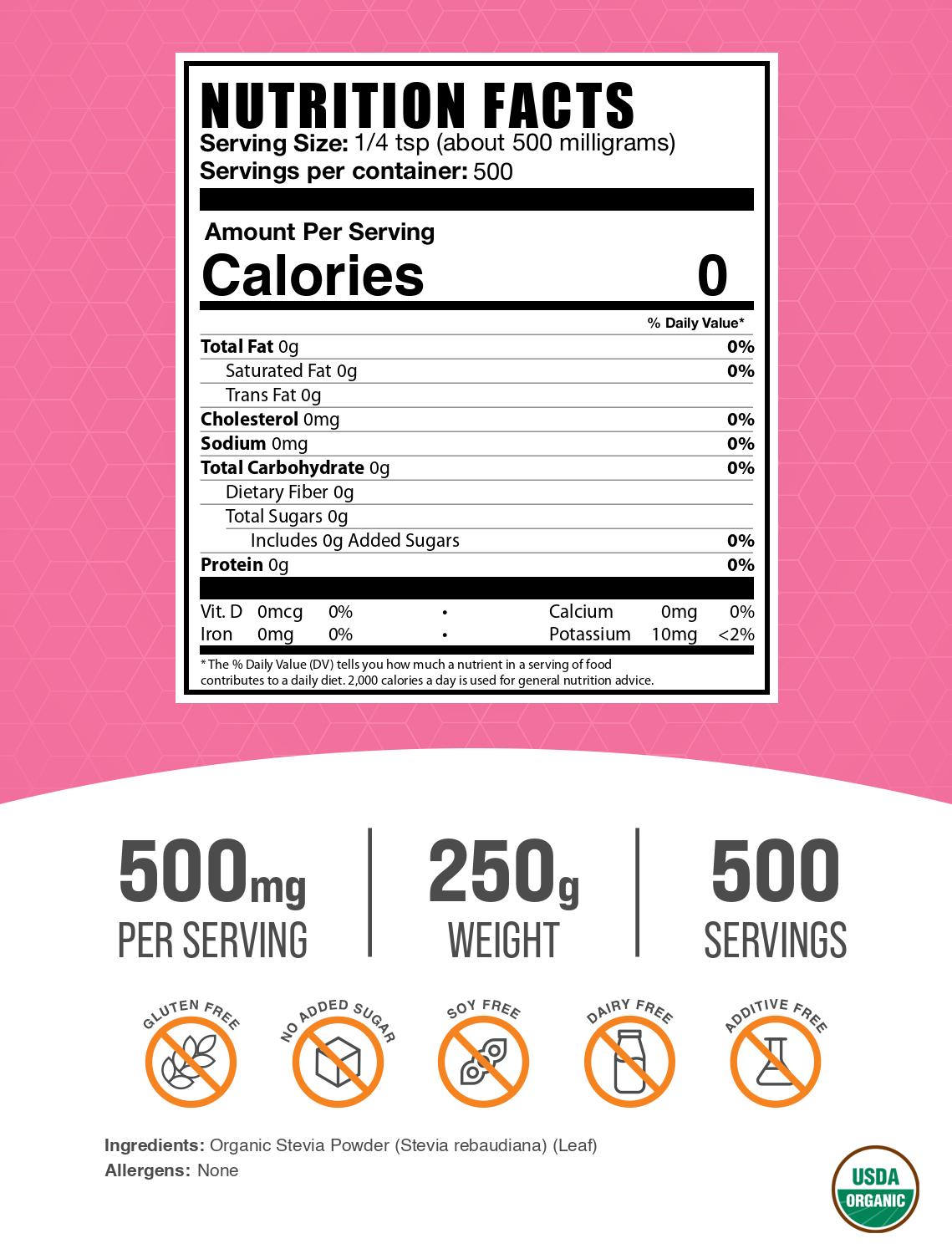 Organic stevia leaf powder label 250g