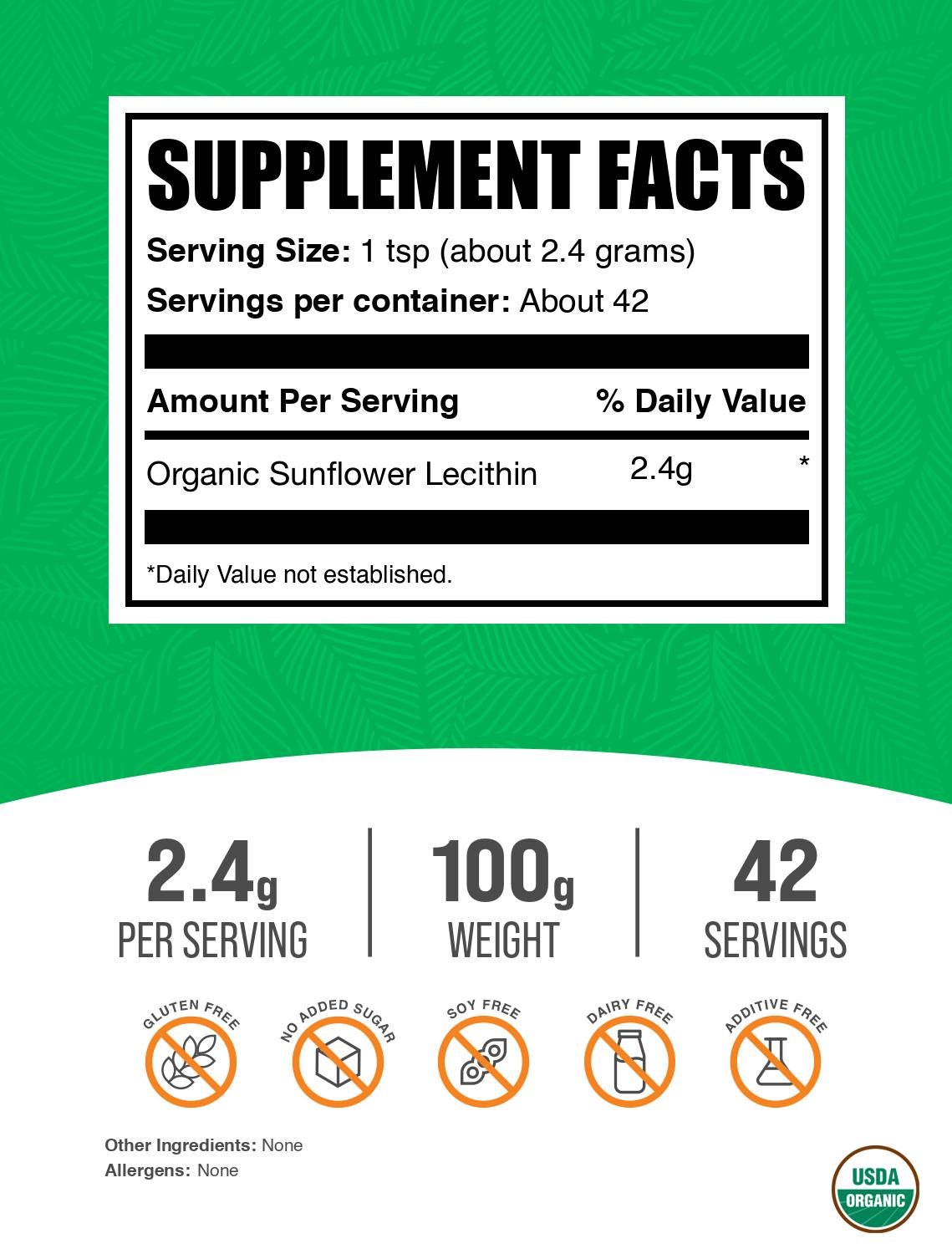 Organic sunflower lecithin powder label 100g