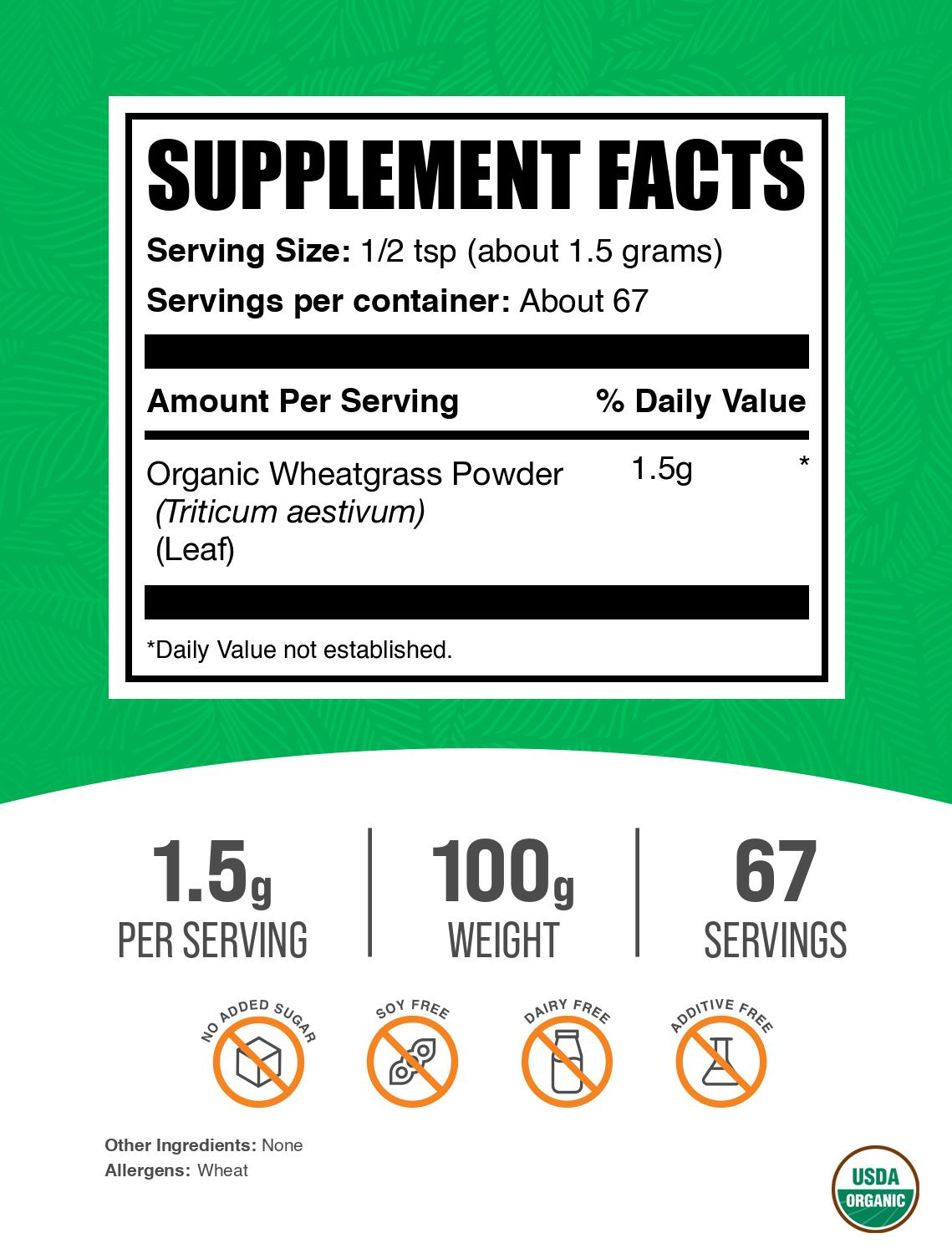 Organic wheatgrass powder label 100g