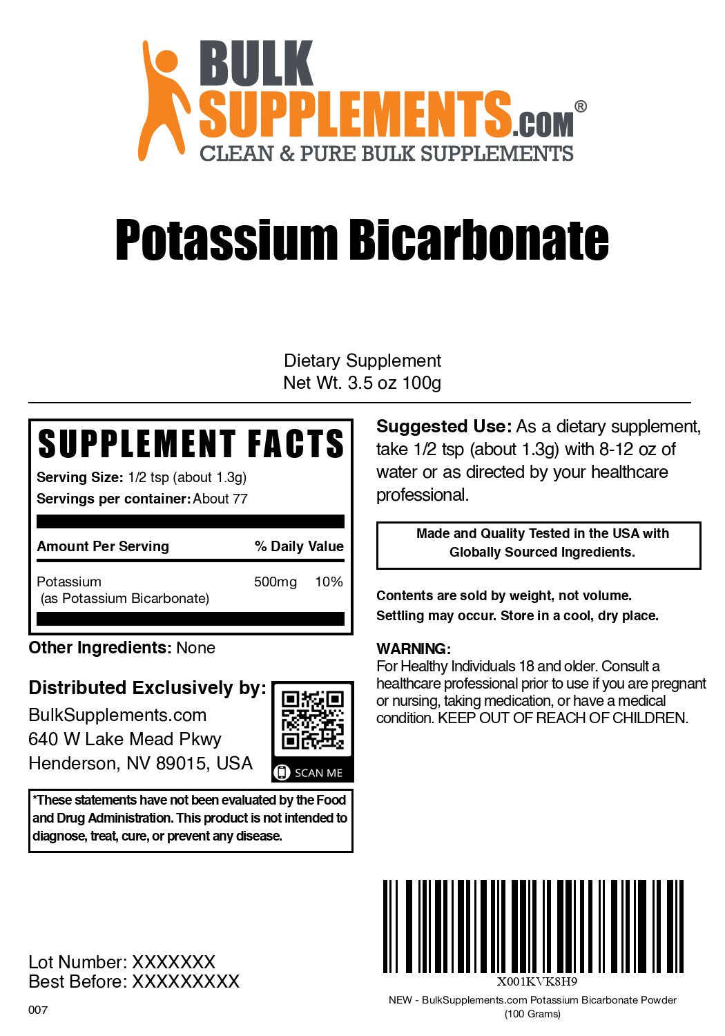 Potassium Bicarbonate Powder 100g label