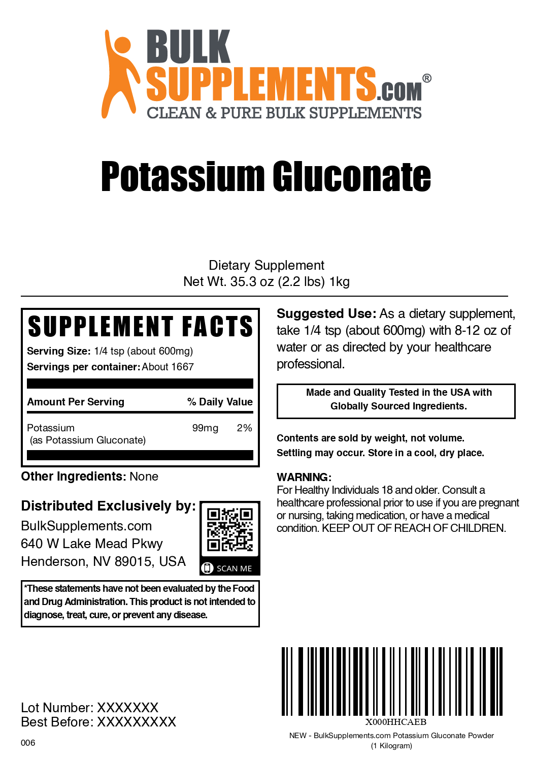 Potassium Gluconate Powder 1kg Plain Label