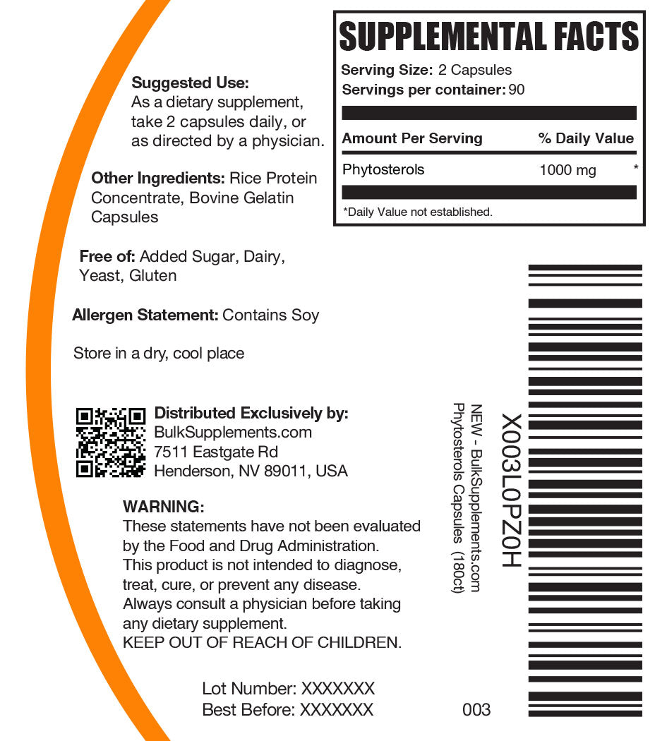 Phytosterols capsules 180 ct label