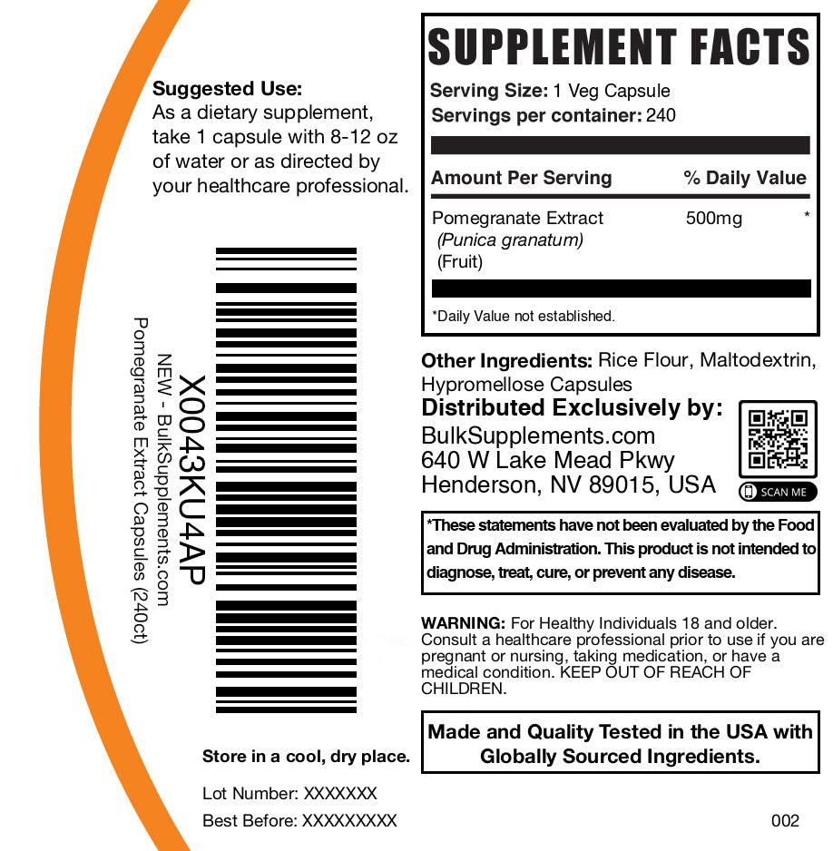 Pomegranate extract 240 capsules label