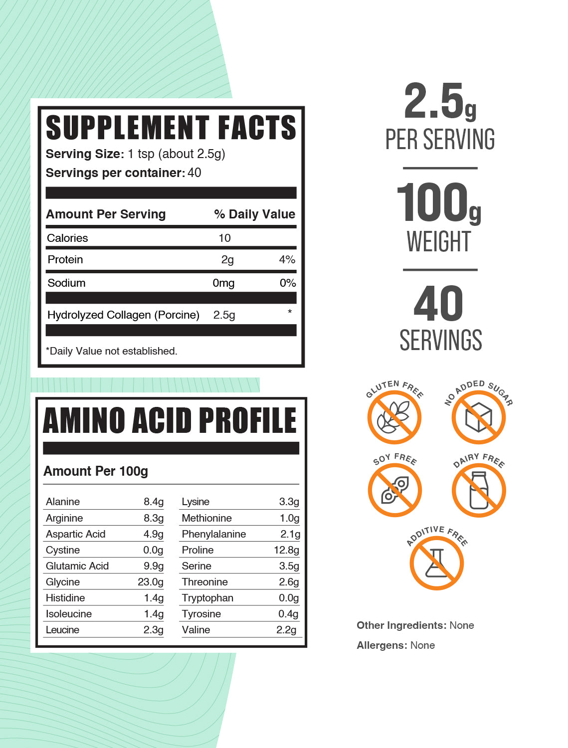 Hydrolyzed Collagen (Porcine) powder label 100g