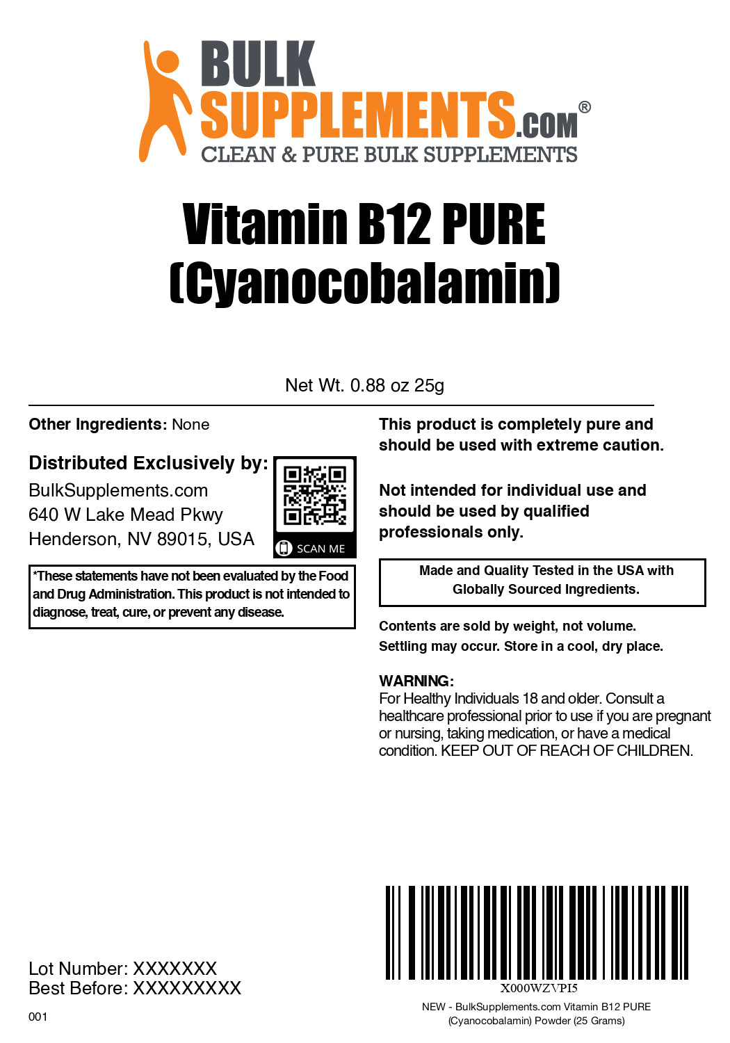 Vitamin B12 (Pure Cyanocobalamin) powder label 25g