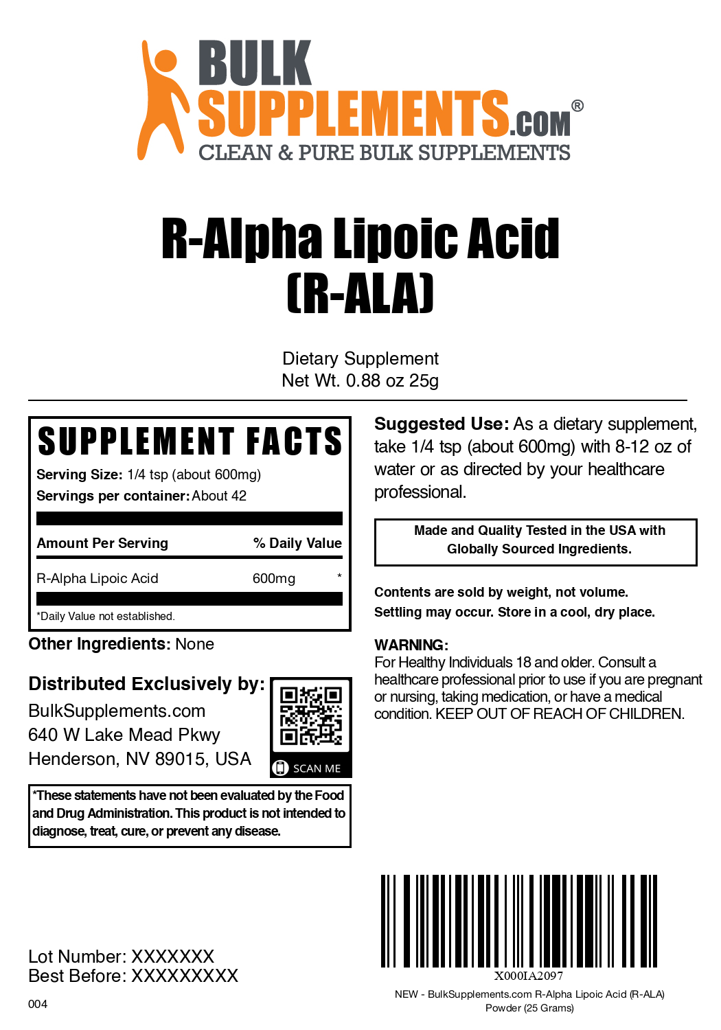 R-Alpha Lipoic Acid (R-ALA) powder label 25g