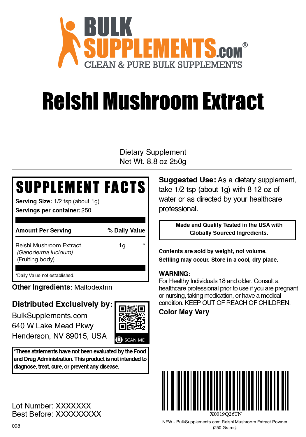 Reishi Mushroom Extract Powder 250g Label
