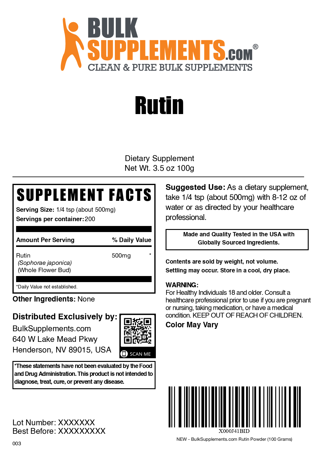 Rutin Powder 100g Label