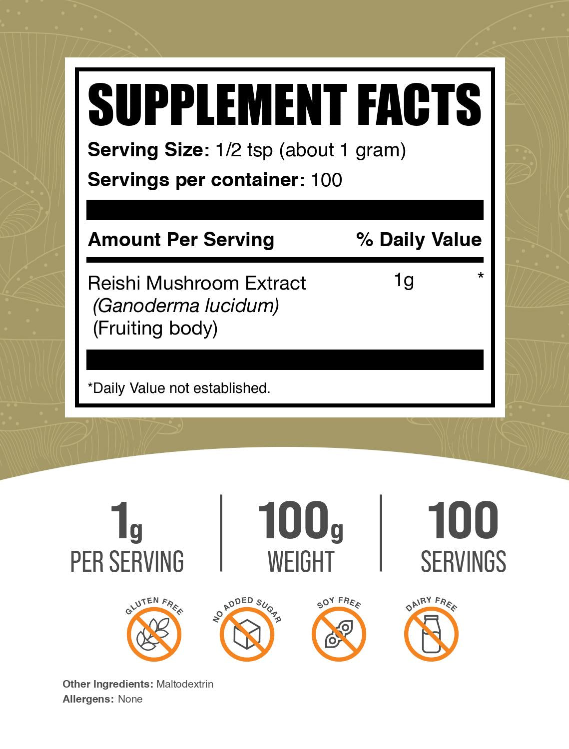 Reishi Mushroom Extract Powder 100g Label