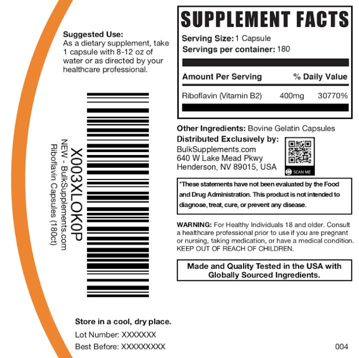 Riboflavin Capsules 180ct Bag Label