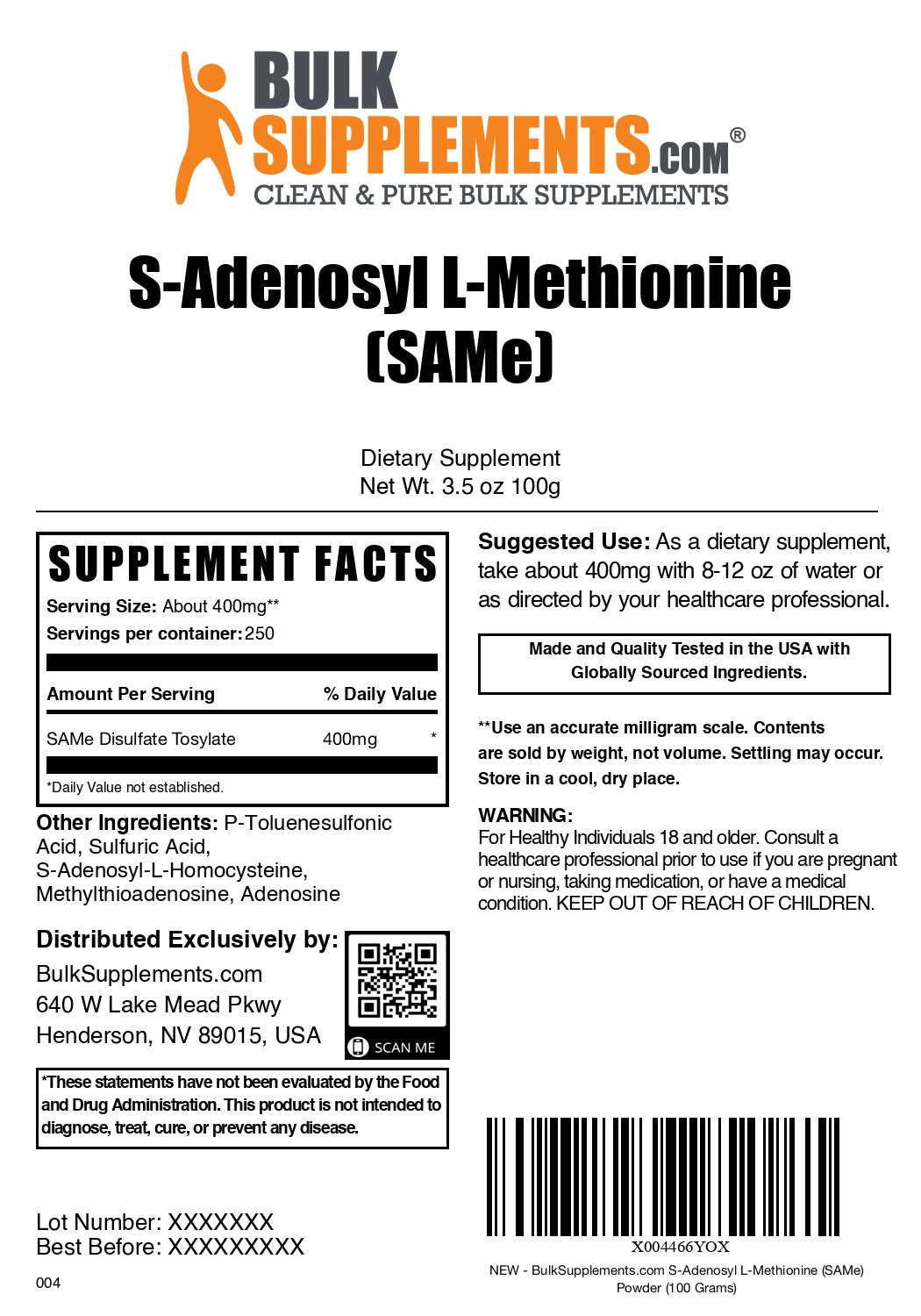 S-Adenosyl L-Methionine (SAMe) 100 grams label