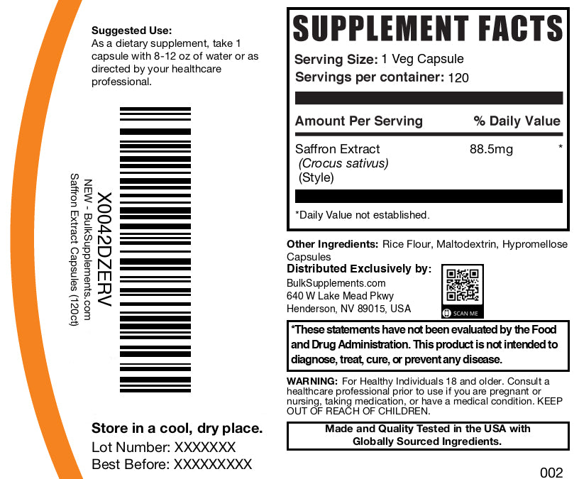 Saffron extract 120 capsules label