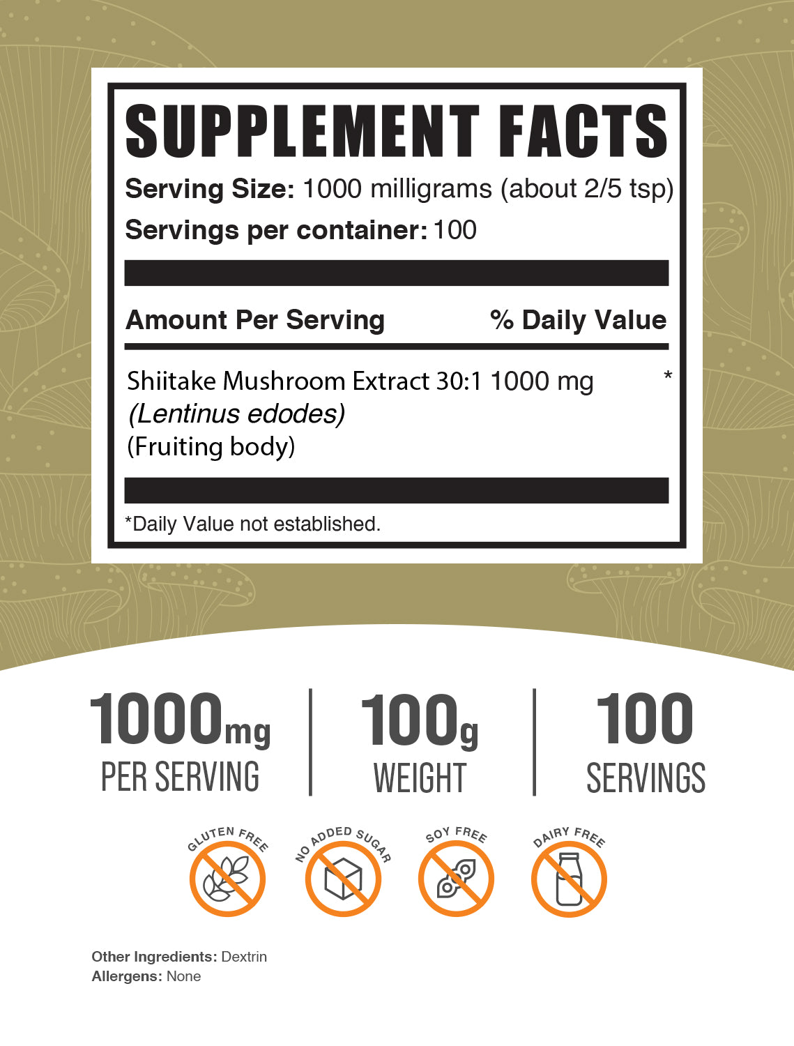 Supplement Facts Shiitake Mushroom Extract Label