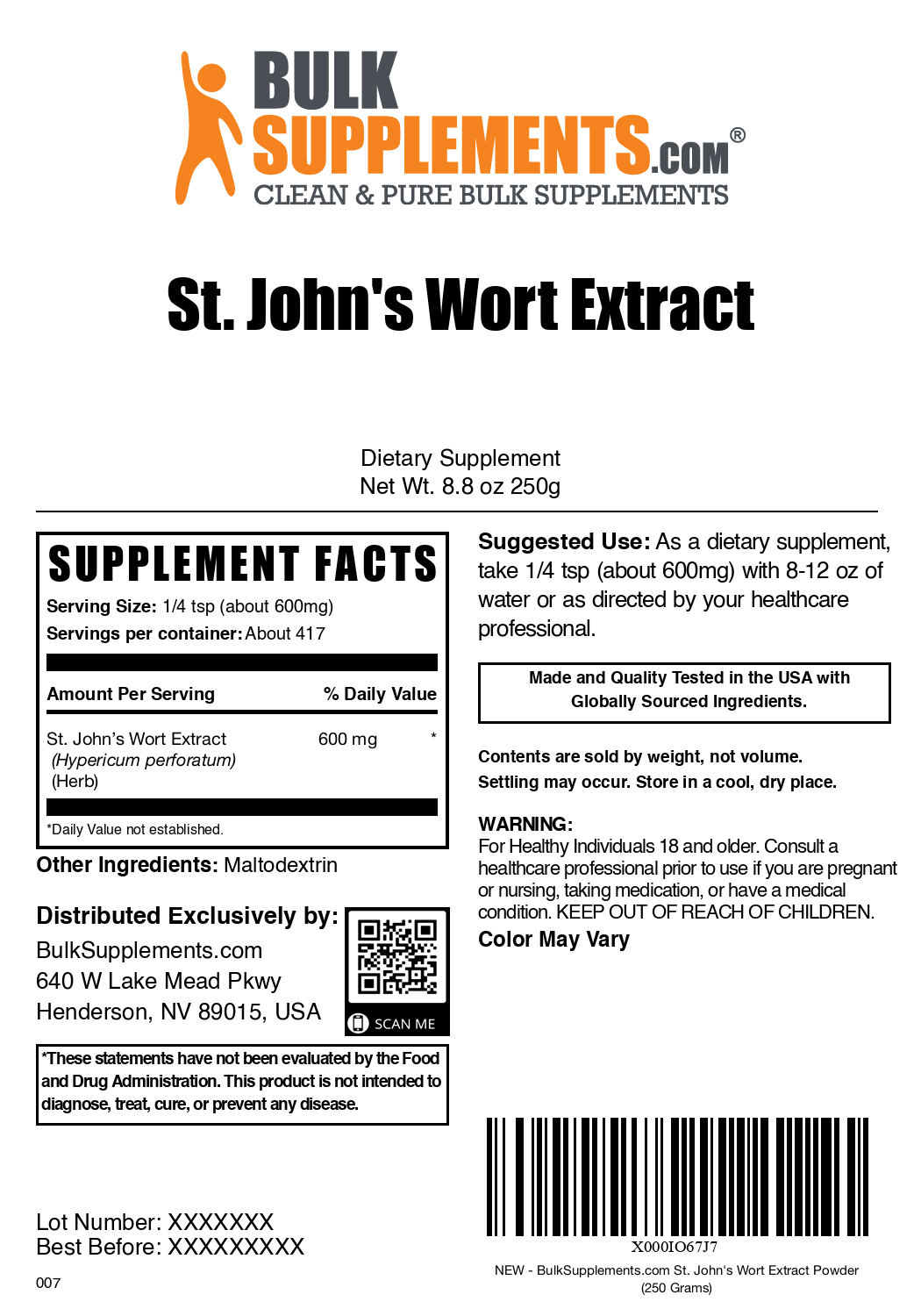 St. John's Wort powder label 250g