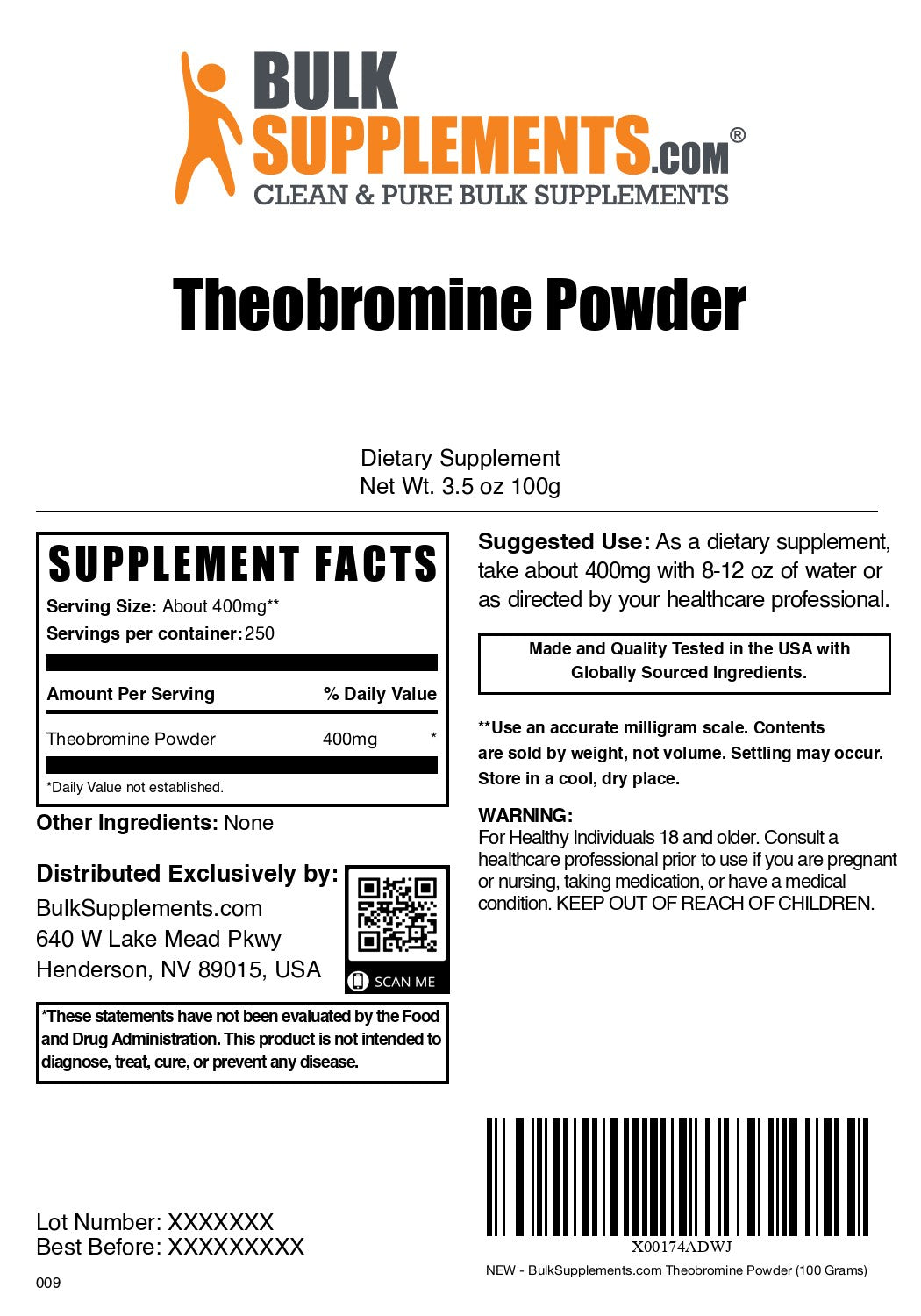 Theobromine Powder 100g label