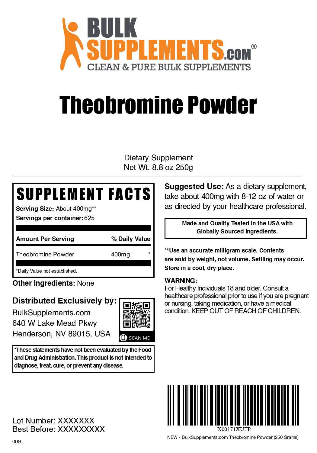 Theobromine Powder 250g label