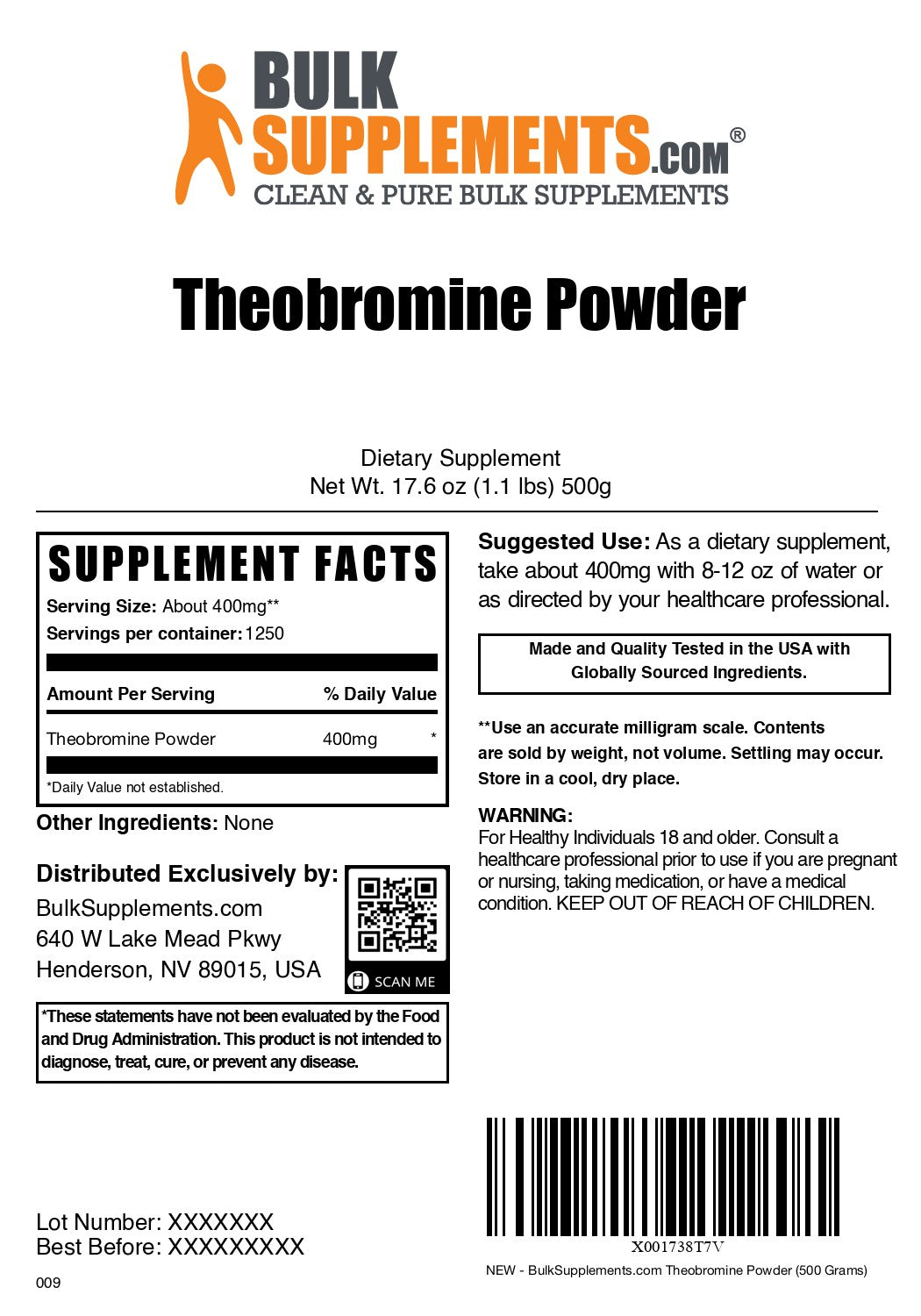 Theobromine Powder 500g label