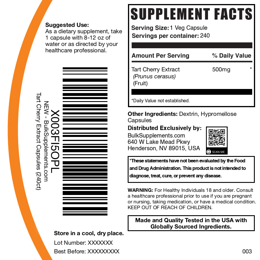 Tart cherry extract 240 capsules label