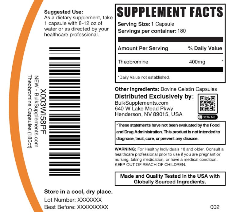 Theobromine Capsules 180ct Bag Label