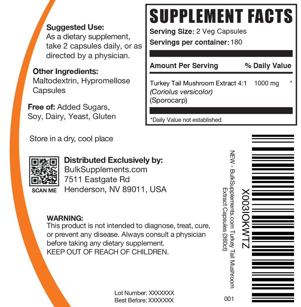 Turkey Tail Mushroom 360 ct Capsules Label