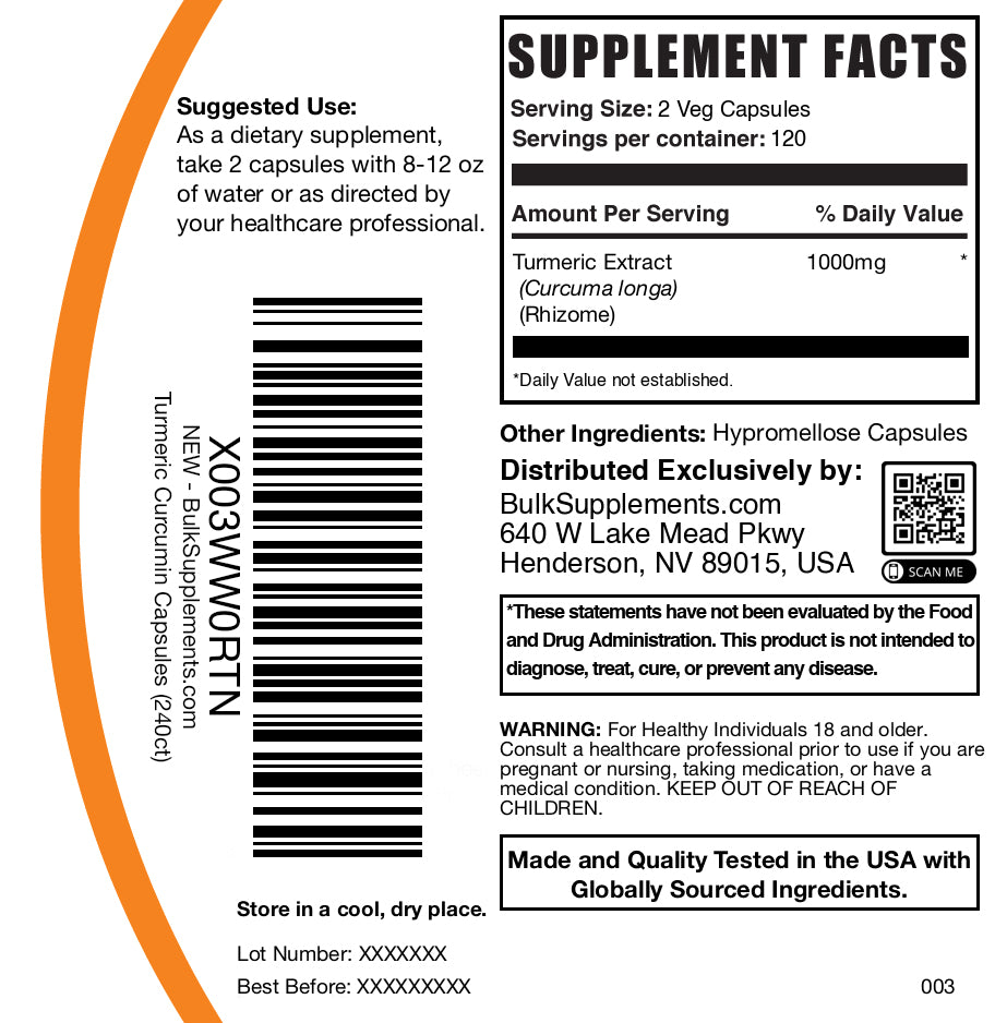 Turmeric extract 1000mg 240 capsules label