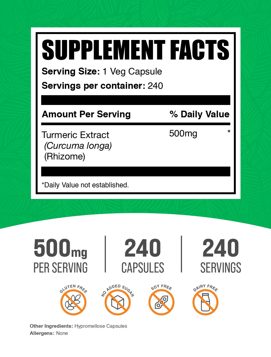 Turmeric extract 500mg 240 capsules label