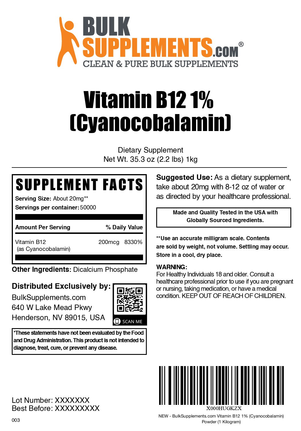 Vitamin B12 1% (Cyanocobalamin) Powder 1kg label