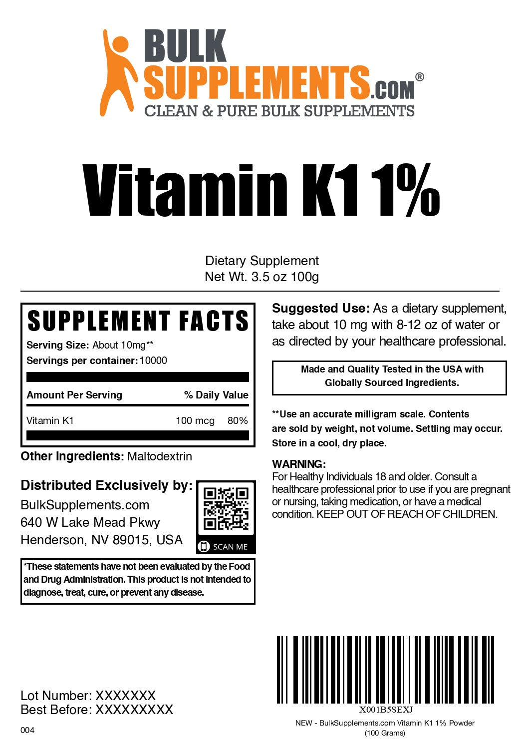 Vitamin K1 1% powder label 100g