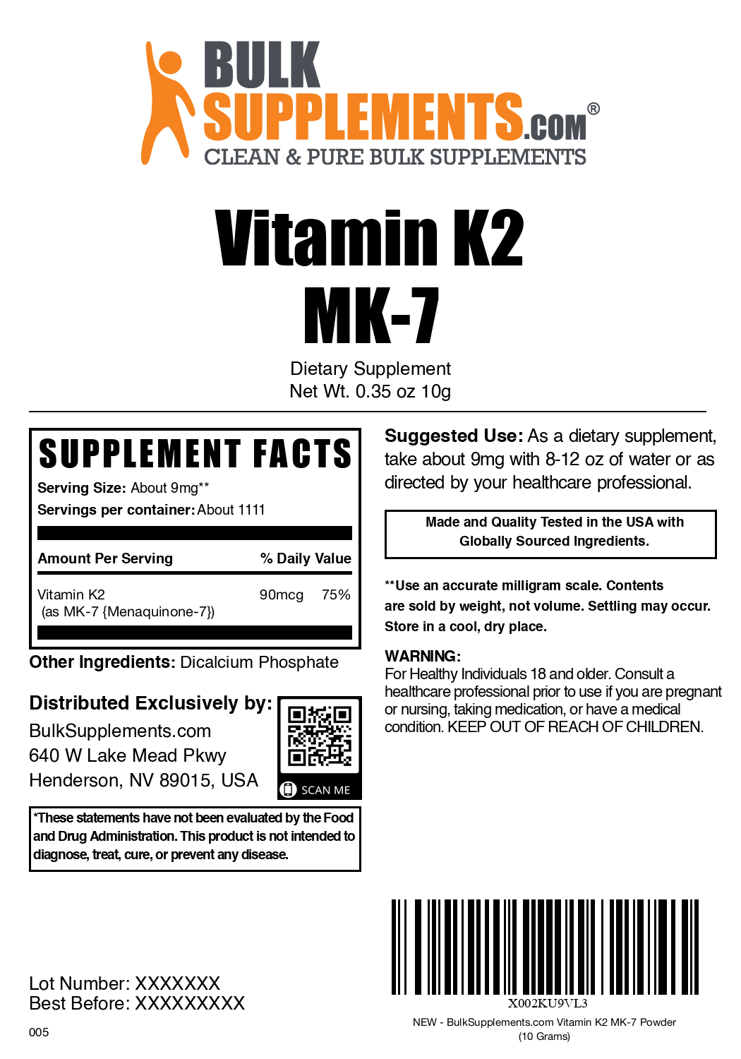 Vitamin K2 MK7 10g Powder Plain Label