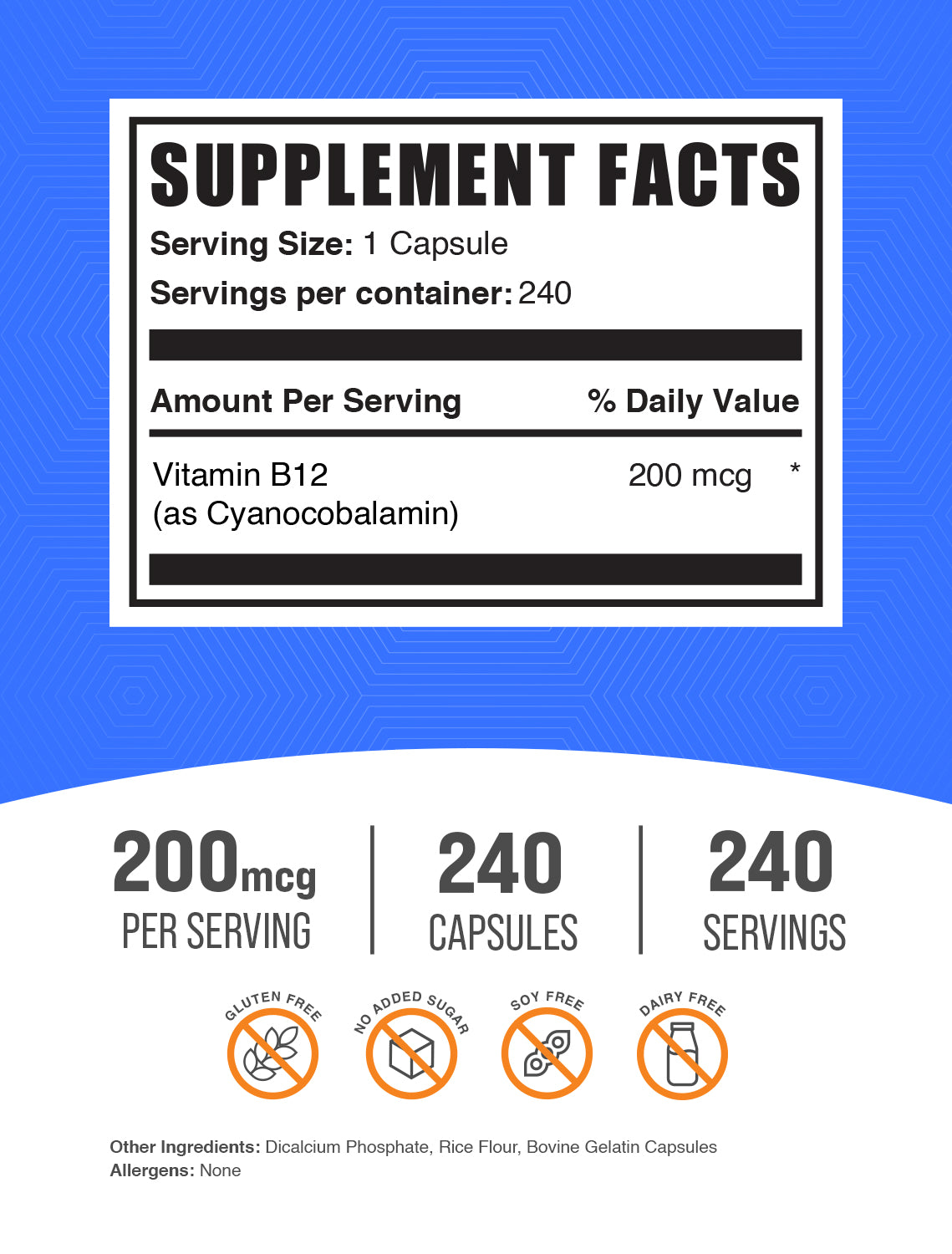 rótulo de cápsulas de vitamina B12 cianocobalamina, 240 ct