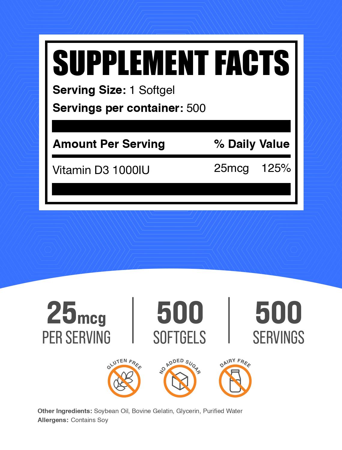 Vitamin D3 1000 IU 500 softgels label