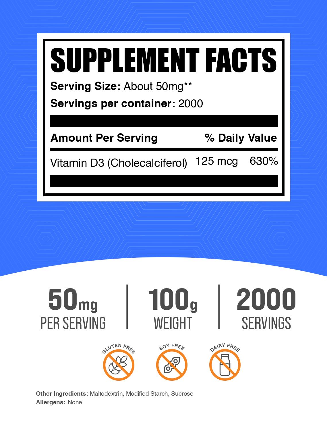 Vitamin D3 (Cholecalciferol) powder label 100g