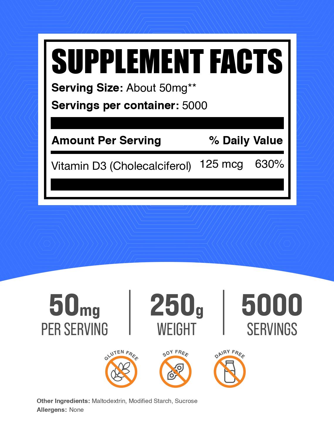 Vitamin D3 (Cholecalciferol) powder label 250g
