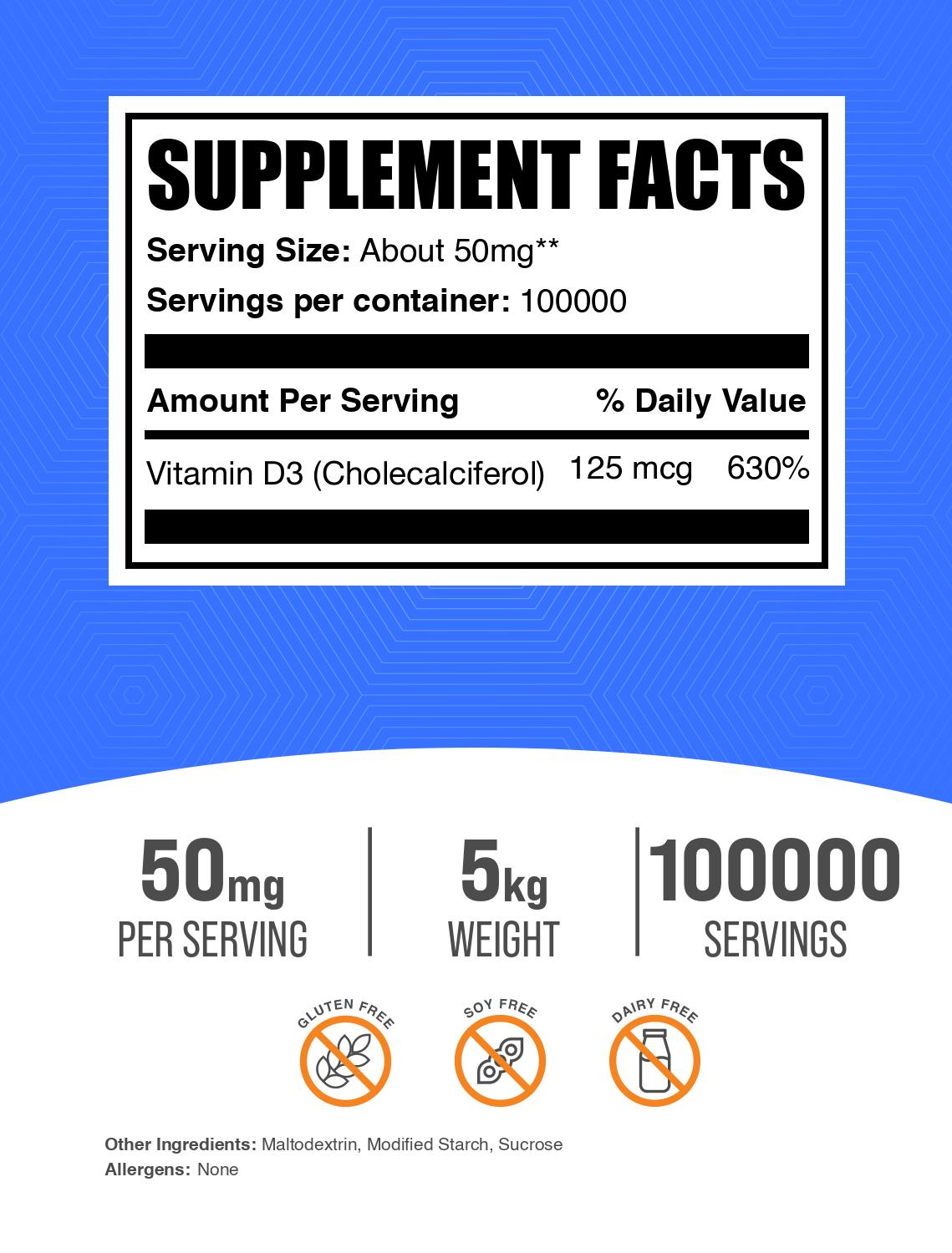 Vitamin D3 (Cholecalciferol) powder label 5kg