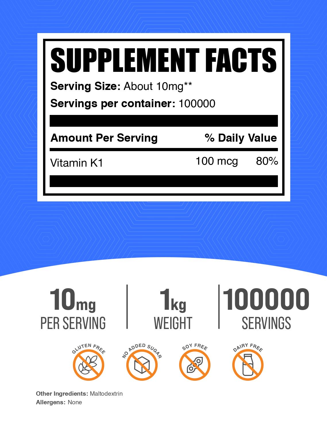 Vitamin K1 1% powder label 1kg