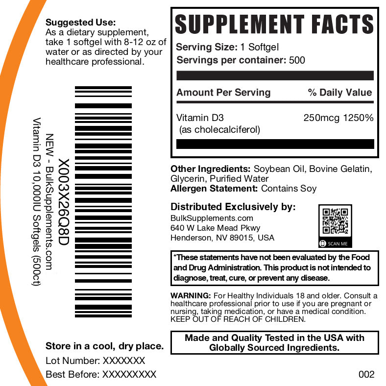 Vitamin D3 10000IU 500 softgels label