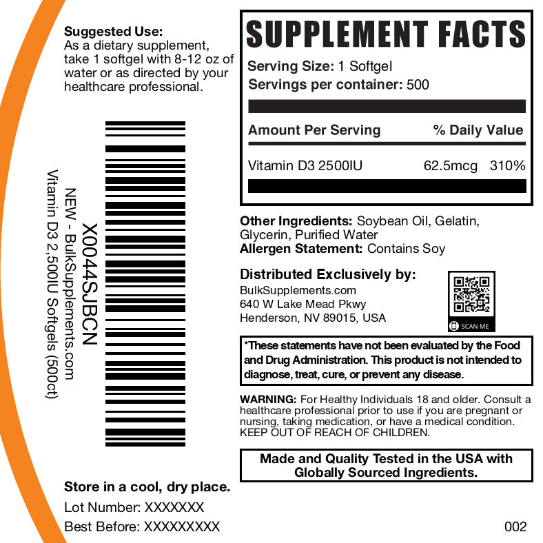 Vitamin D3 2500IU 500 softgels label