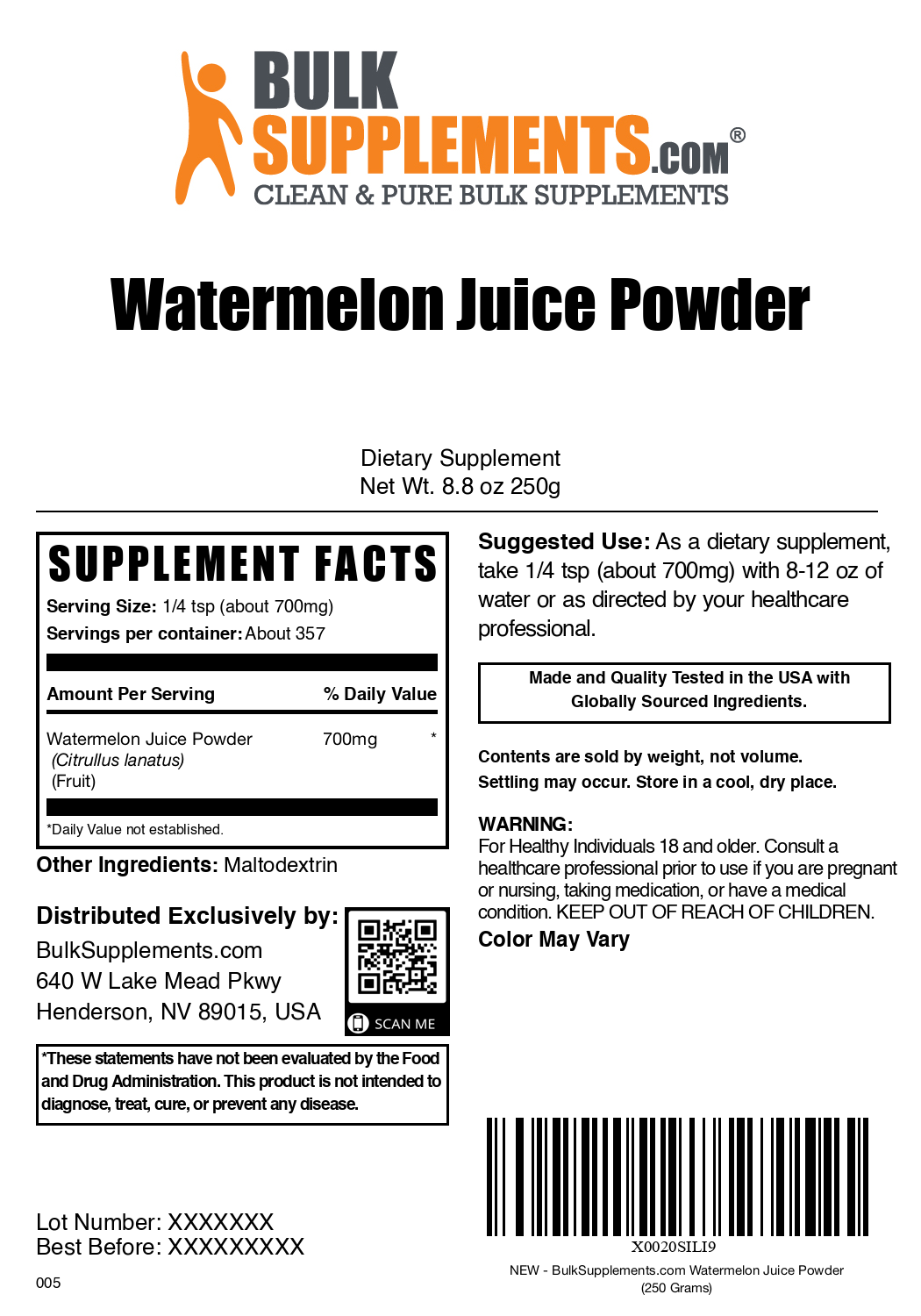 Watermelon juice powder label 250g