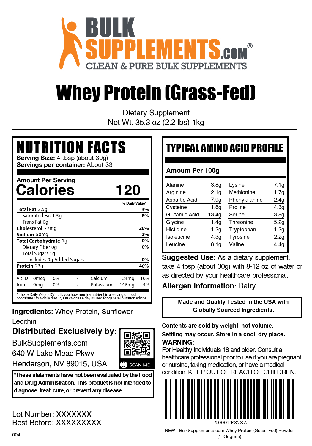 Grass-Fed Whey Protein Powder 1kg Label