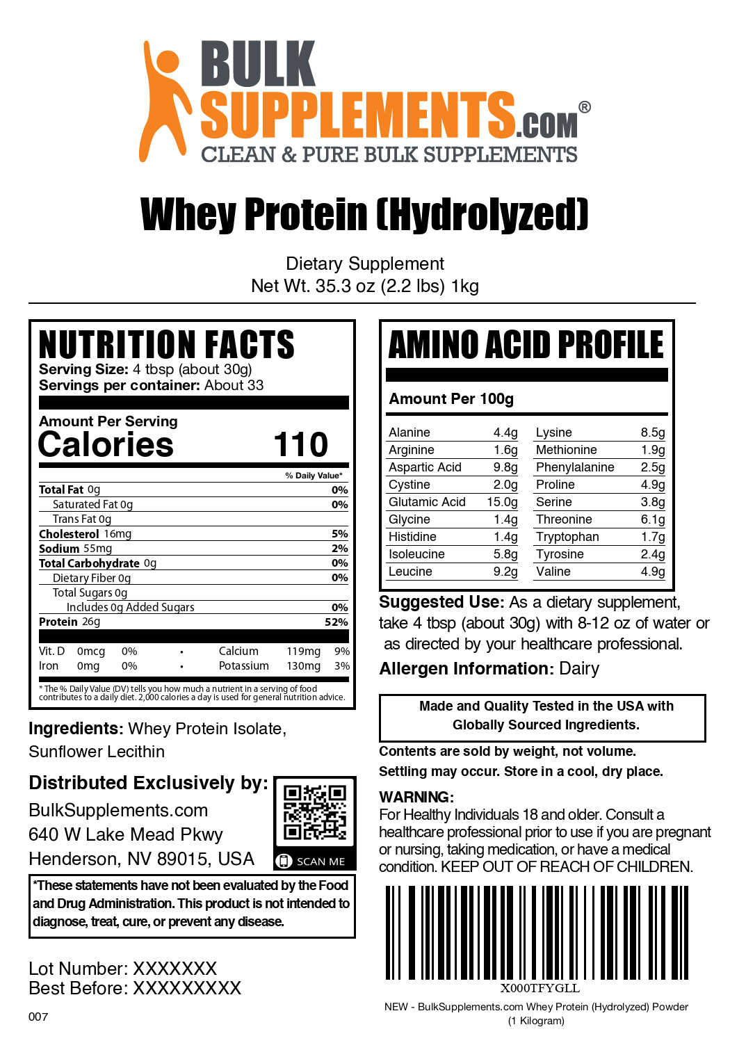Hydrolyzed Whey Protein Isolate powder label 1kg