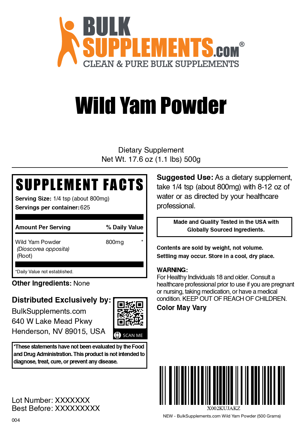 Wild yam powder label 500g