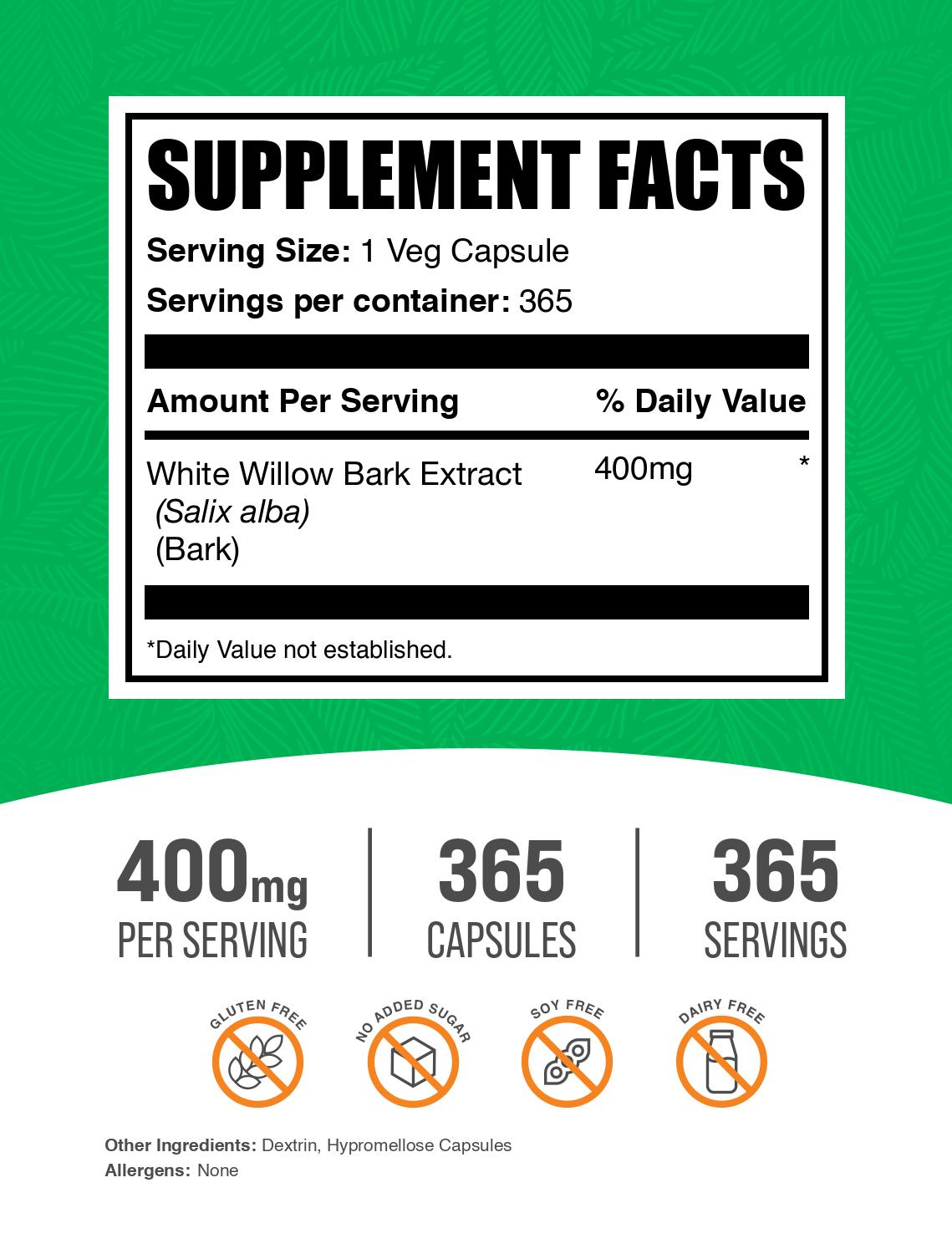 White willow bark 365 capsules label